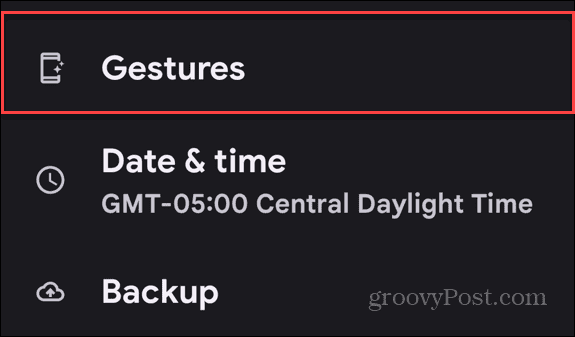 android settings menu gestures