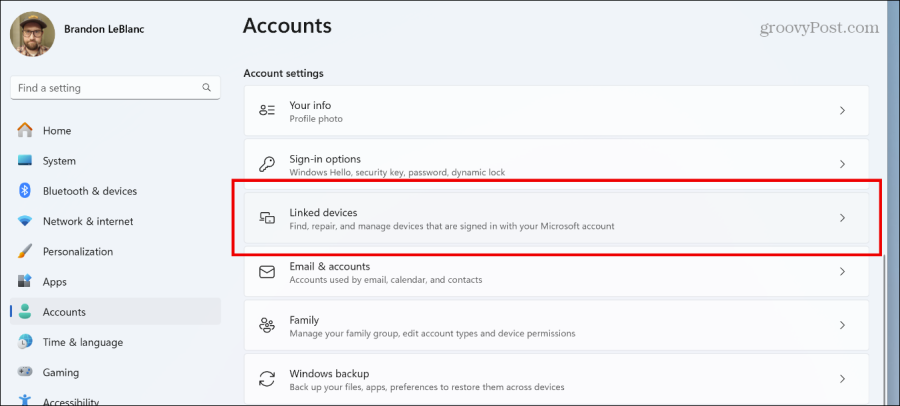 linked devices in settings