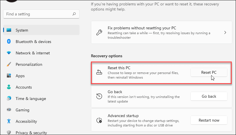 reset pc windows 11