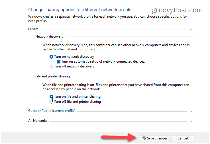 turn on file and printer sharing