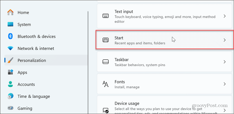 Start option in Personalization Settings