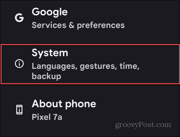 system android menu