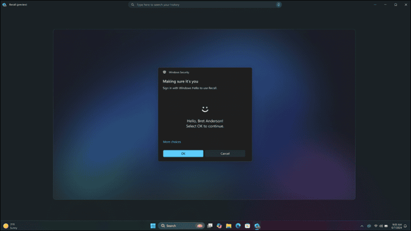 windows hello needed to search recall history