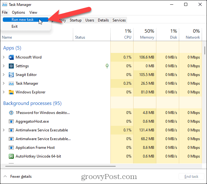 Select Run new task from the File menu in Task Manager