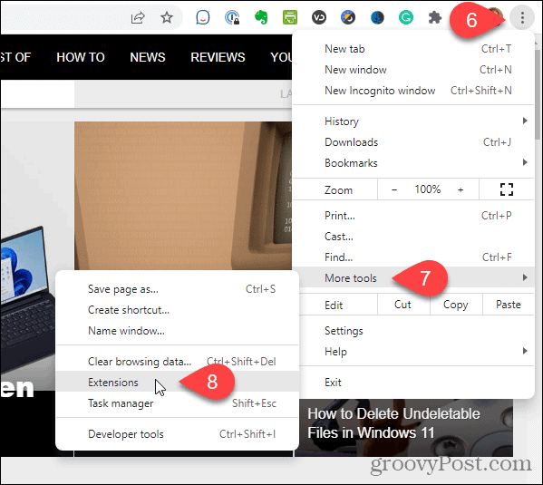 Go to More tools, then Extensions in the Chrome menu