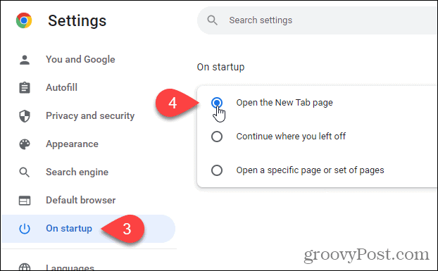 On the Settings page, click On startup and then select Open the New Tab page