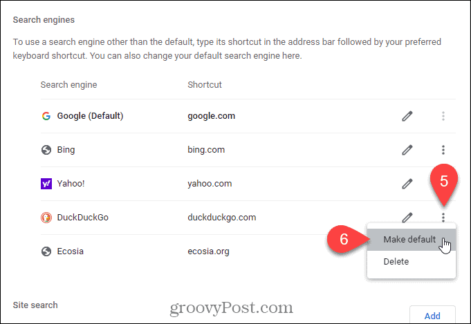 Select Make default for the search engine you want to be the default on the New Tab page in Chrome