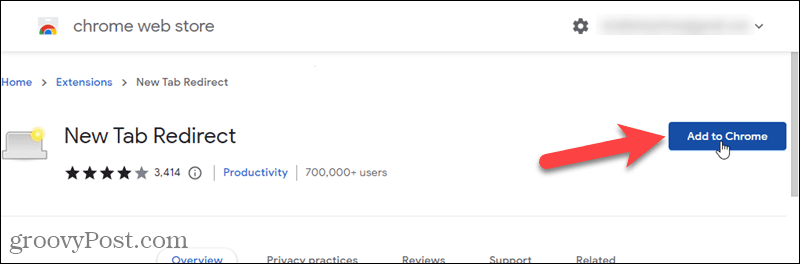 Adding the New Tab Redirect extension in Chrome