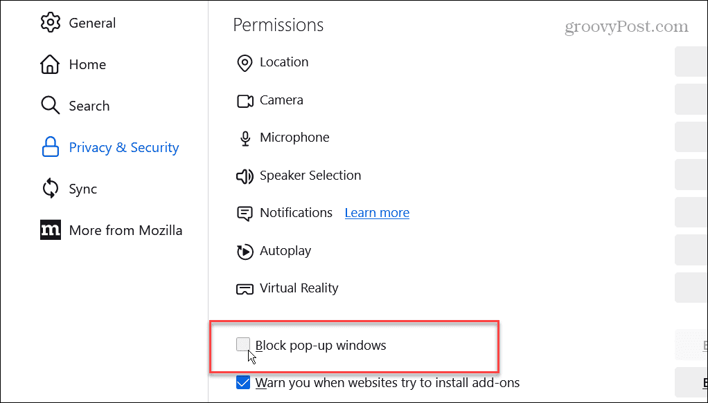 Block pop-up windows option in Firefox settings