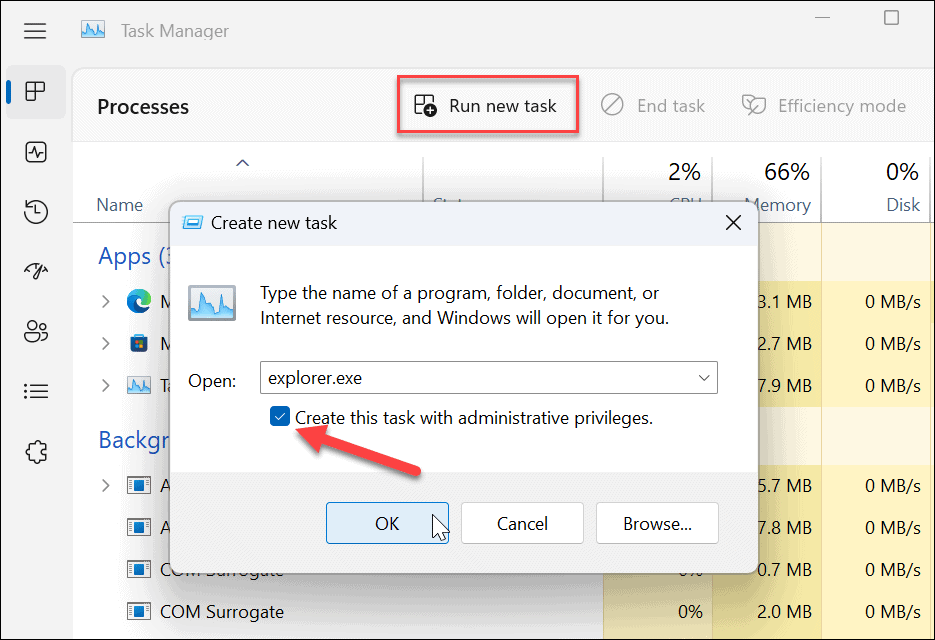 Create this task with administrative privileges explorer.exe