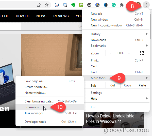 On the Chrome menu, go to More tools, then Extensions