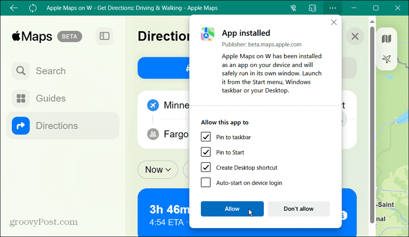 Apple Maps PWA installed permissions allow microsoft edge