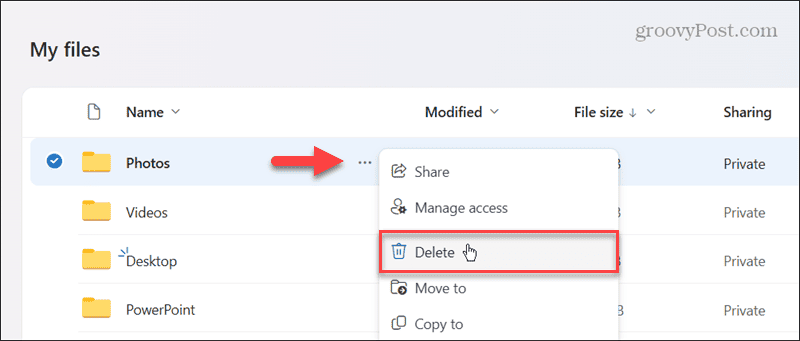 delete context menu onedrive