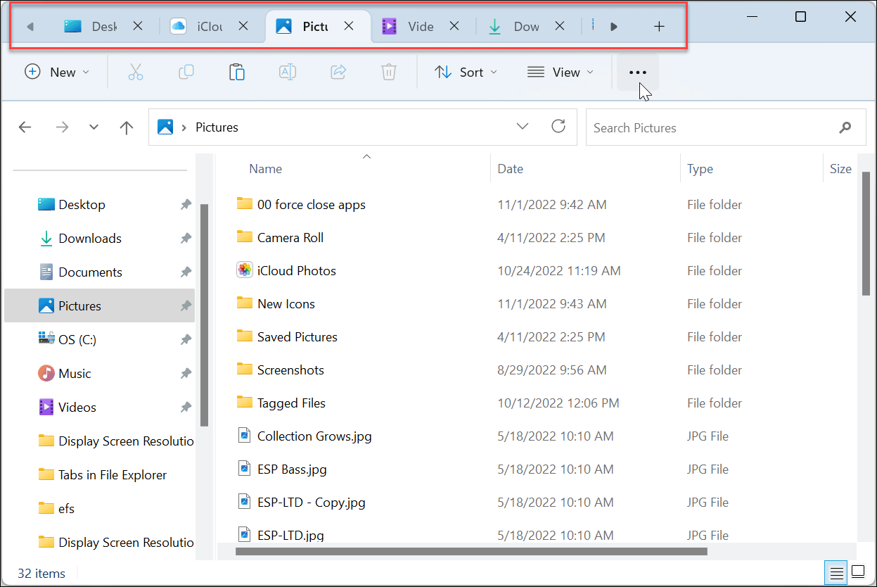 Example of open tabs in file explorer