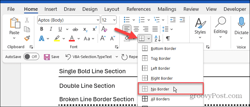 no border option microsoft word