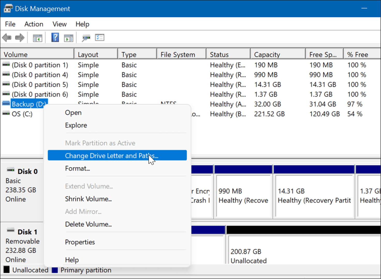 change dirve letter disk management