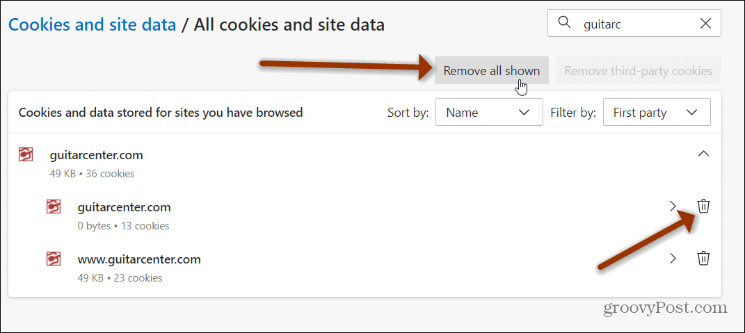 remove all cookies shown edge