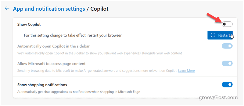 toggle off show copilot and restart microsoft edge