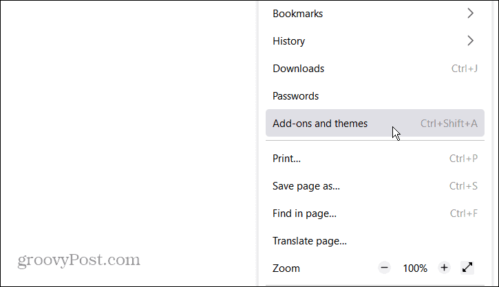 Add-ons and themes option in Firefox menu