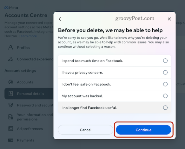 Confirm a reason for an account deletion on Facebook