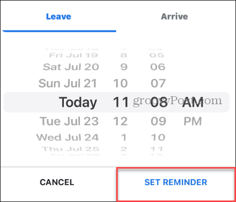 set reminder to leave google maps