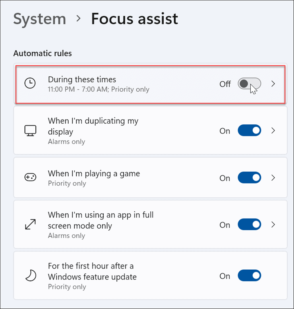 focus assist automatic rules