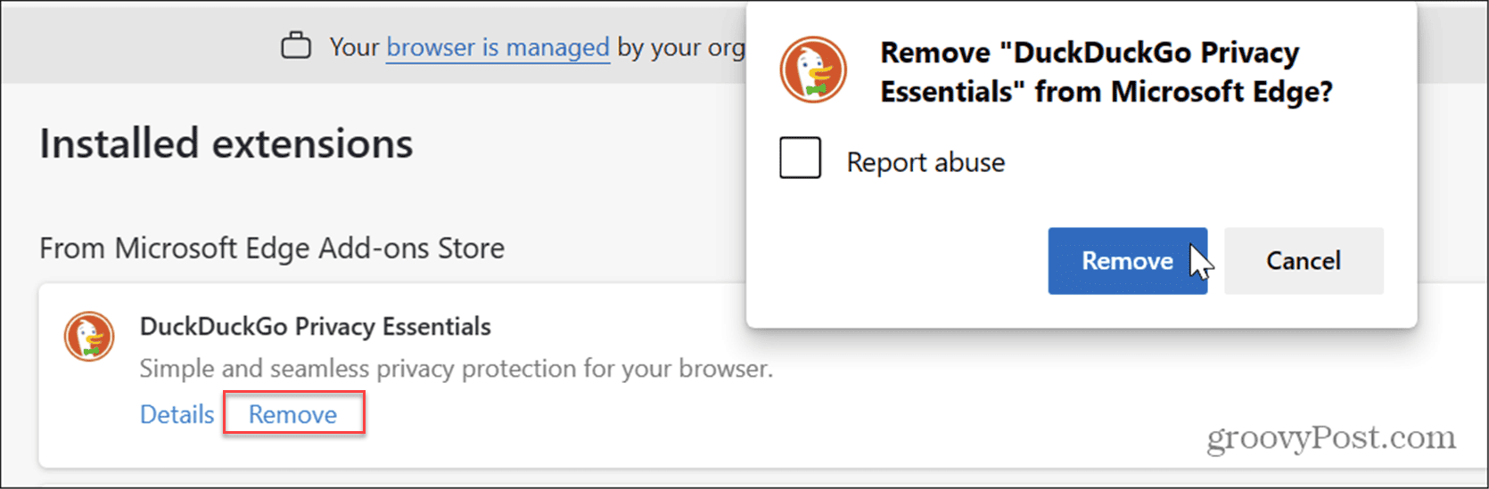 Remove extension from microsoft edge