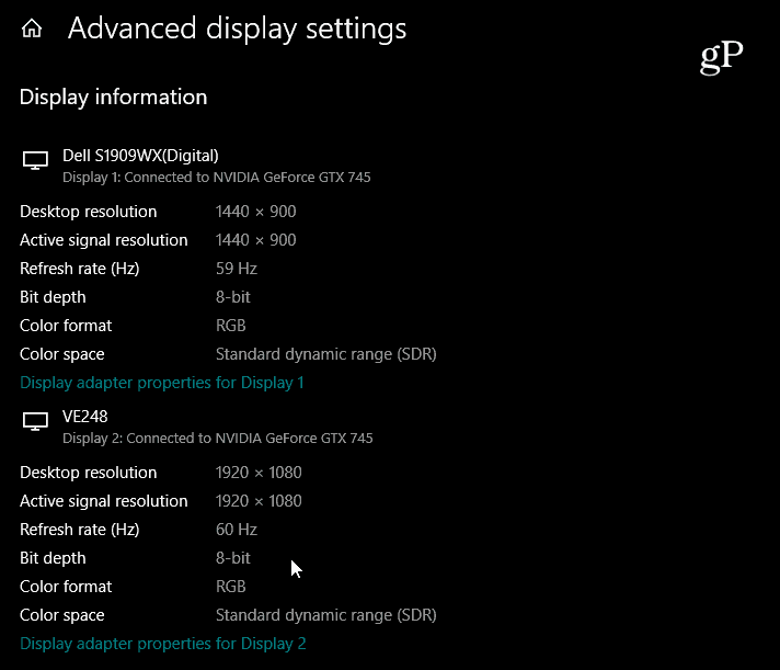 Advanced Display Settings Windows 10