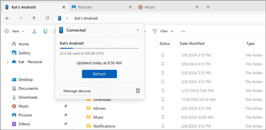 android phone files available in File Explorer