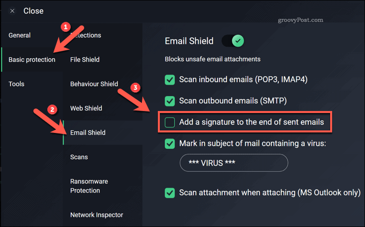 Disabling the AVG email signature