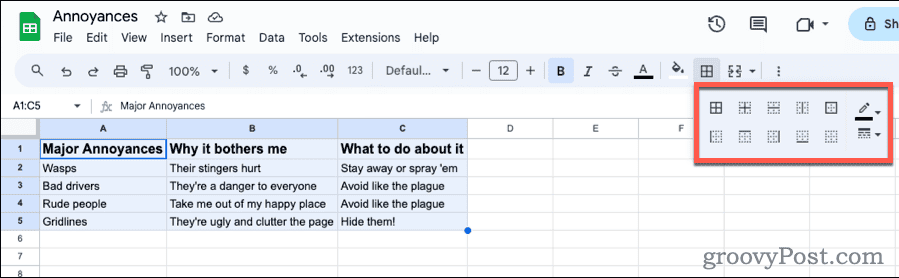 Borders Options in Google Sheets