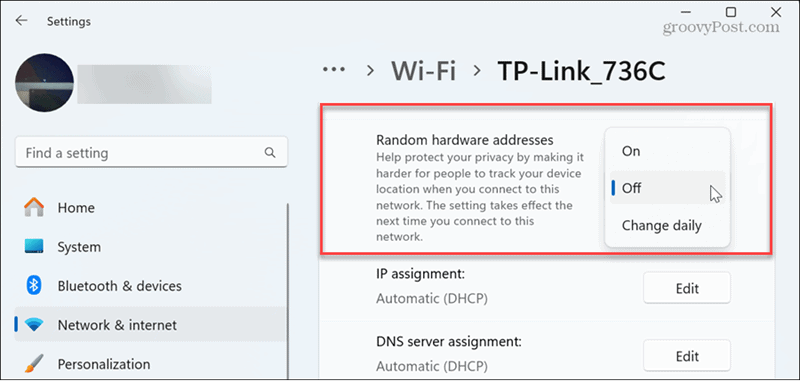 choose option Random Hardware Address