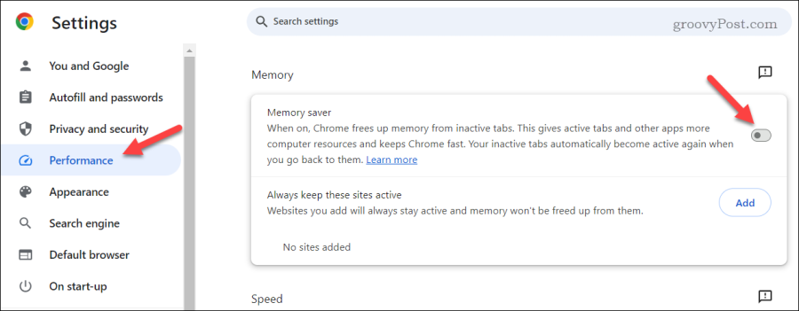 Disable memory saving in Chrome