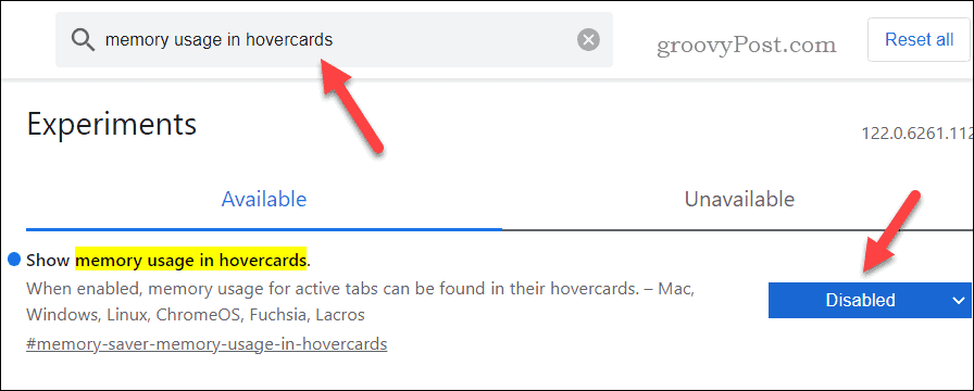 Disabling tab memory usage in hover cards in Chrome