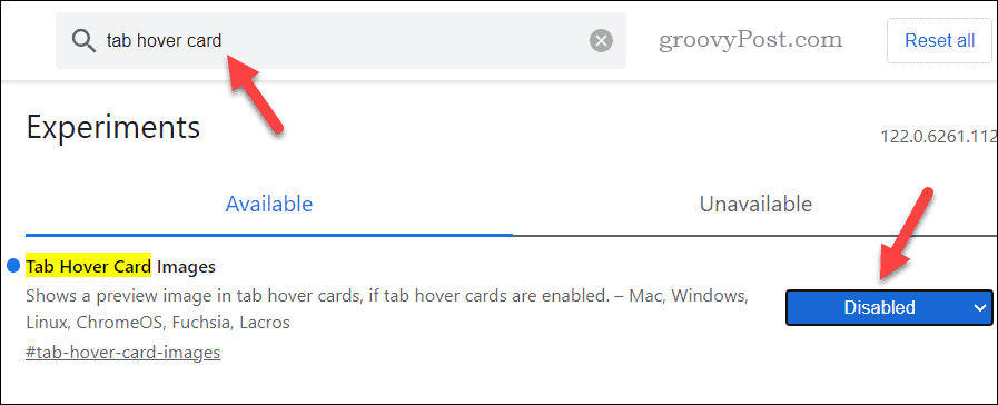 Disabling tab hover cards in Chrome using the flags menu