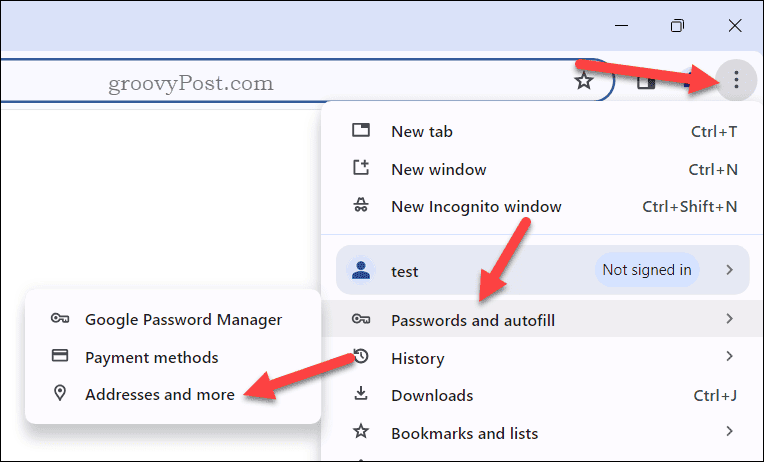 Open the Addresses and more autofill options menu in Chrome