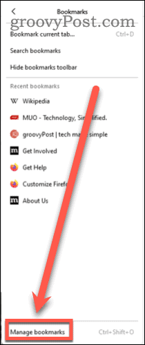 Click Manage Bookmarks