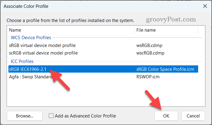 Selecting a new ICC profile to add in Windows