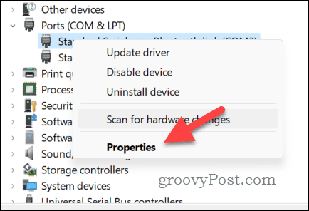 Opening device properties in Device Manager