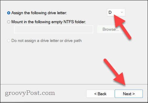 Setting a drive letter for a new disk partition on Windows