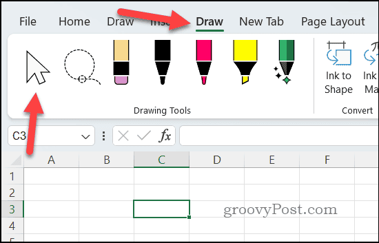 Selecting the Mouse tool in the Draw tab in Excel