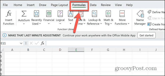 excel formulas menu