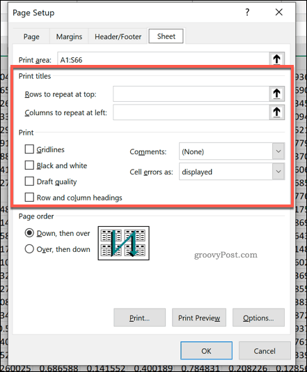 Page Setup options in Excel