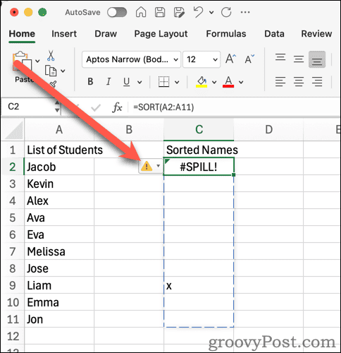 Excel Spill Error Warning Symbol