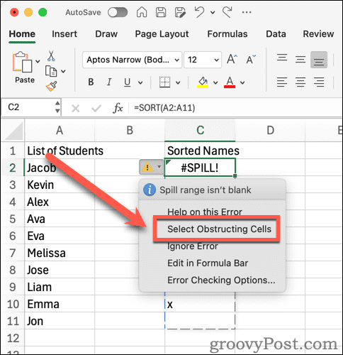 Excel Spill Range Blank Select Obstructing Cells