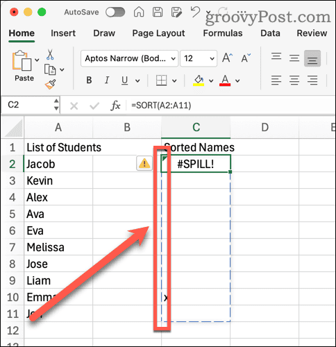 Excel Spill Range Boundary Dashed Lines