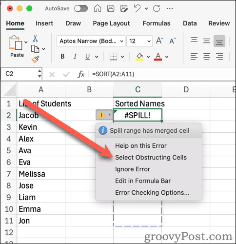 Excel Spill Range Has Merged Cells Select