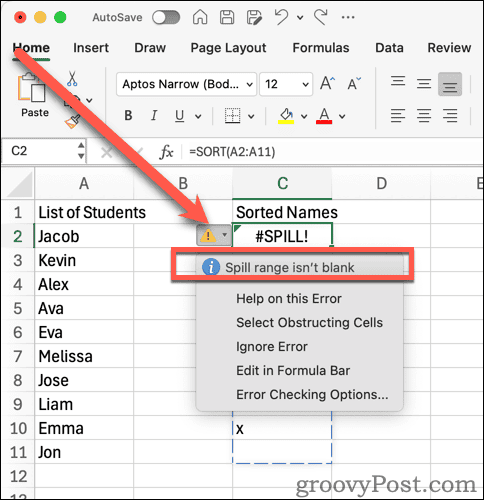 Excel Spill Range Isn't Blank Error