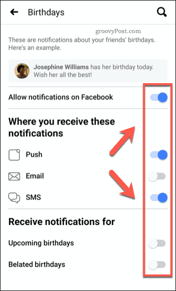 Facebook mobile birthday notification sliders