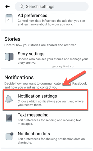 Facebook mobile notification settings option